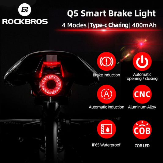 ROCKBROS™  Intelligent Bike Tail Light: Auto Brake Sensor, IPx6 Waterproof, USB Rechargeable for Enhanced Cycling Safety