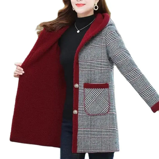 Warm & Stylish Velvet Plaid Hooded Coat - Winter Parka